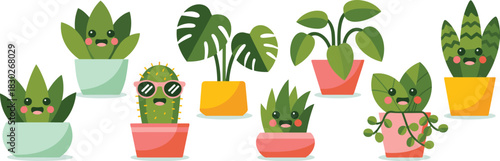 Vibrant vector illustration set of eight cute kawaii potted houseplants, including friendly succulents, cheerful cactus wearing pink sunglasses, leafy monstera, and snake plants, ideal graphic resourc