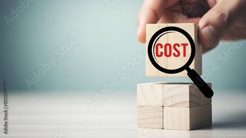 Magnifying glass over a wooden block with the word COST, symbolizing analysis and inspection of expenses and financial outlay