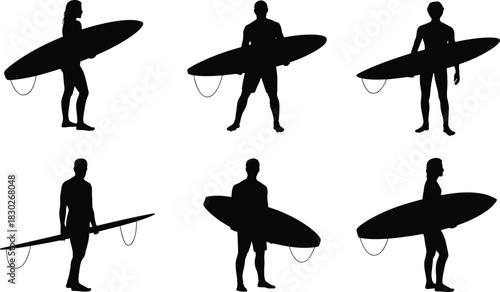 Surfer silhouettes collection, people holding surfboards, beach sport poses, surfing lifestyle artwork, ocean activity figures, coastal recreation design elements
