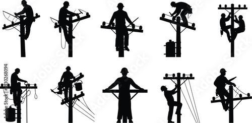 Utility, pole, worker, silhouette, rain, maintenance, repair, climb, gear, safety, vector, black, task, harness, teamwork, infrastructure, weather, tool, pose, flavector