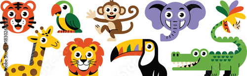 Cute cartoon safari jungle animals vector illustration set featuring a happy lion, playful monkey, smiling tiger, tall giraffe, purple elephant, green crocodile, colorful parrot, and toucan, perfect f