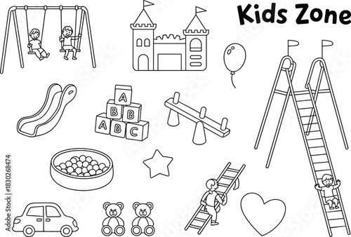 Kids Zone line art playground illustration, swing slide castle seesaw ball pit teddy bear alphabet blocks, flat vector children activity design template