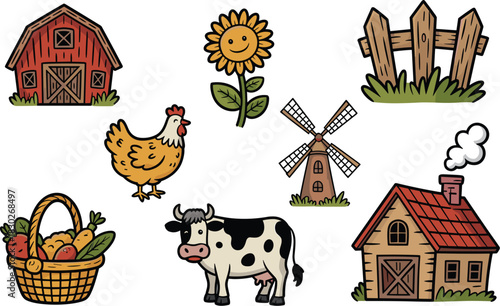 Educational cartoon farming and agriculture collection illustration set featuring traditional red barn, cute dairy cow, poultry chicken, rustic windmill, wooden fence, fresh healthy harvest produce ba