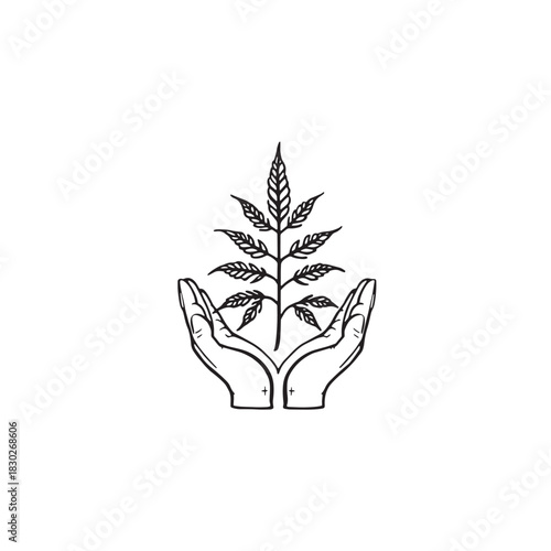 simple 2d icon of farmer nurturing cannabis plant black on white background
