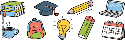 Comprehensive academic student resources set featuring hand drawn books, graduation cap, knowledge light bulb, digital laptop technology, organized planning calendar, study supplies and relaxed coffee