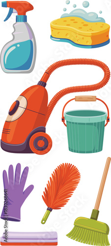 Vibrant cartoon vector illustration of essential professional household cleaning tools and sanitation equipment, depicting an orange vacuum cleaner, a utility glove, yellow sponge, green bucket, duste