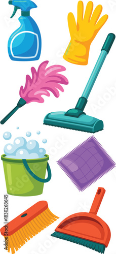Vibrant, colorful professional cleaning supplies equipment vector illustration showcasing essential household maintenance tools like a spray bottle, rubber glove, feather duster, soapy bucket, scrub b