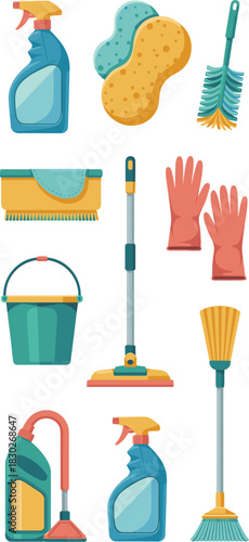 Comprehensive collection of professional cleaning supplies and essential household equipment vector illustration featuring detergent spray bottles, sponges, rubber gloves, mop, broom, and bucket for s