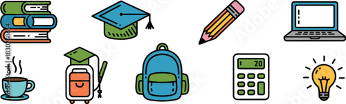Comprehensive colorful set of academic and school educational icons, designed in a modern flat line art vector style, illustrating learning essentials like stacked books, graduation cap, digital lapto