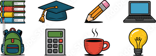 A vibrant colorful doodle style vector illustration featuring essential academic supplies and professional tools like books, a graduation cap, pencil, modern laptop computer, green backpack, scientifi