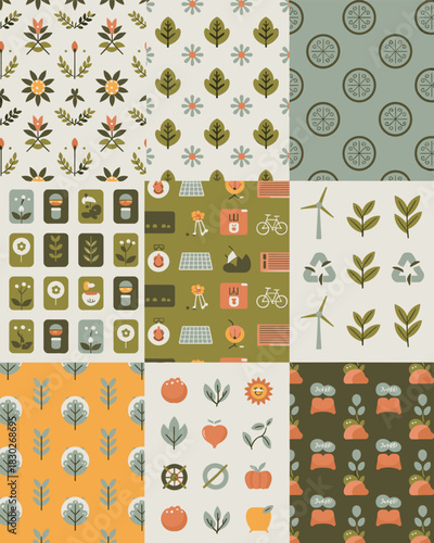 Collection of flat geometric seamless patterns and natural icons representing global environmental sustainability, organic growth, renewable clean energy, and modern outdoor lifestyle concepts; perfec