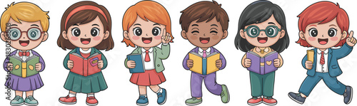 Enthusiastic diverse primary school children, a multi-ethnic group of happy students wearing uniforms, reading educational books, celebrating knowledge and academic achievement, cheerful vector cartoo
