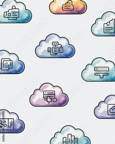 Seamless watercolor illustration featuring numerous vibrant cloud computing icons detailing essential business infrastructure, data storage, network security, digital identity access, API management,