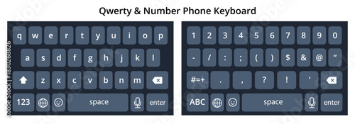 Smartphone virtual keyboard layouts showing the QWERTY alphabet and the number and symbol pads for mobile typing.