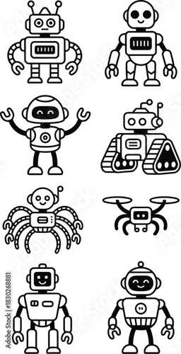 A diverse collection of friendly futuristic robot and AI automation icons, featuring humanoid machines, drone, tracked, and spider characters, suitable for STEM education, software, web design, or mod