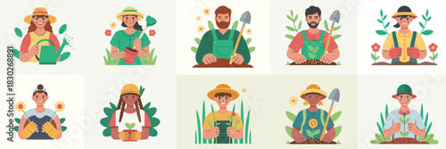 Diverse collection of happy gardeners and farmers planting sprouts, sowing seeds, and watering young green plants, symbolizing sustainable agriculture, ecological responsibility, and essential spring