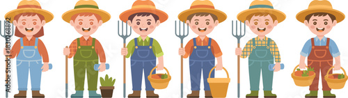Happy smiling group of diverse agricultural farmers and young gardeners standing together holding pitchforks, fresh vegetables, and essential tools, illustrating food production, cultivation, and sust