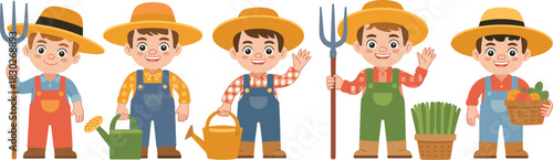Five cheerful cartoon little boys characters dressed as friendly farmers in overalls and straw hats, holding agriculture tools like a pitchfork and watering cans, demonstrating rural farm work, harves