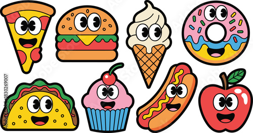 A playful set of cartoon food mascots including happy pizza, smiling hamburger, cute donut, sweet ice cream, tasty taco, hot dog, cupcake, and red apple sticker characters, perfect for nostalgic retro