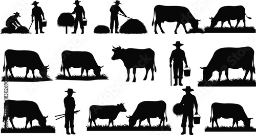 Farmer, cow, silhouette, agriculture, livestock, rural, feeding, bucket, hay, field, nature, vector, black, standing, grazing, tool, interaction, care, pasture, flavector