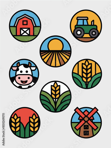 Comprehensive agriculture and farming icons vector collection depicting essential rural industry elements like a classic barn, powerful tractor, dairy cow, golden wheat harvest, and traditional windmi