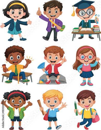 Large, diverse group of happy elementary school children and middle school pupils smiling enthusiastically, colorful cartoon characters promoting educational success and positive youth development, is