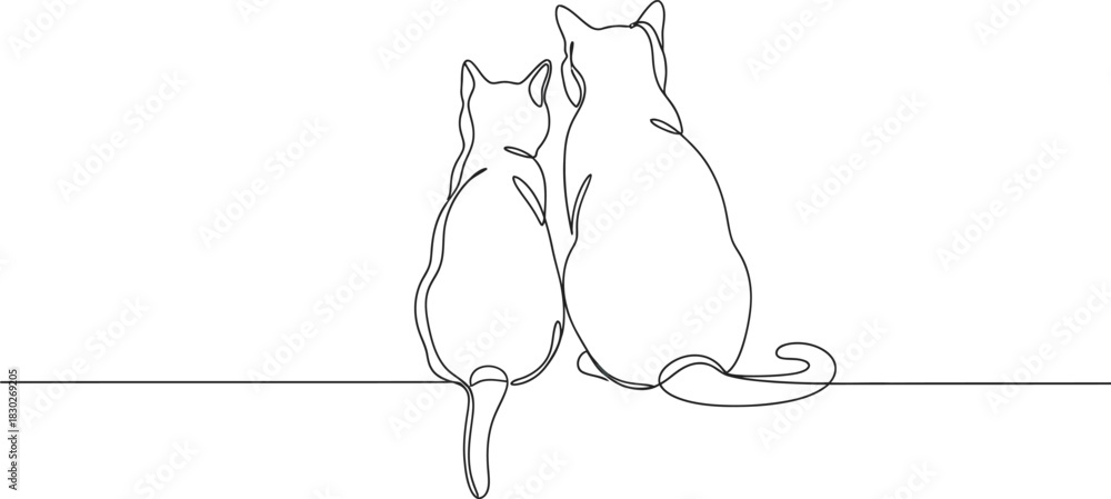 Fototapeta Continuous line art drawing of two domestic cats sitting together, viewed from behind, embodying companionship and simple elegance on a clean background Vector
