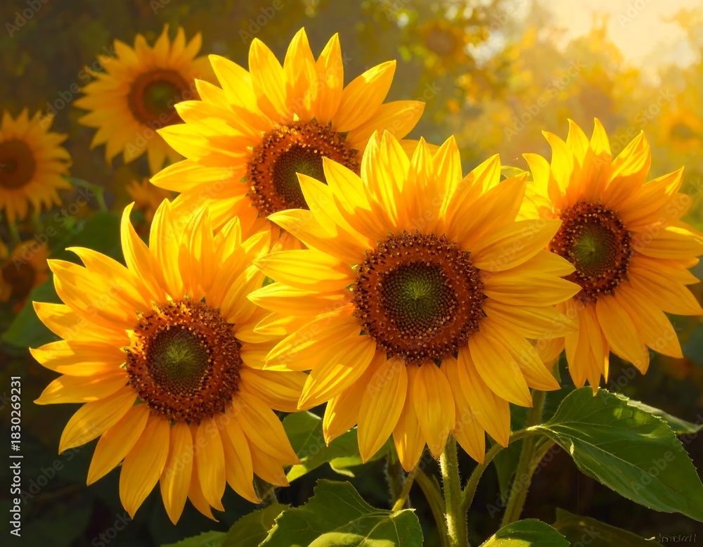 Fototapeta premium Radiant sunflowers bathed in golden sunlight, symbolizing warmth and happiness