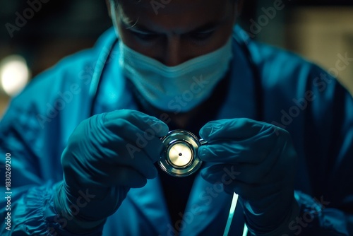 Healthcare, coat and doctor with stethoscope in clinic for wellness appointment, trust or surgery. Closeup, medical worker or cardiology with tools for checkup, consulting, Generative AI