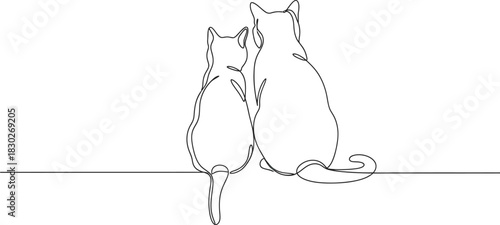 Continuous line art drawing of two domestic cats sitting together, viewed from behind, embodying companionship and simple elegance on a clean background Vector