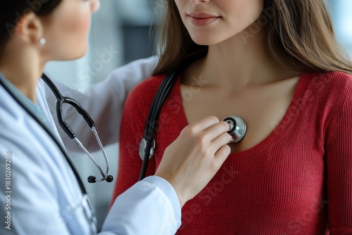 Healthcare, coat and doctor with stethoscope in clinic for wellness appointment, trust or surgery. Closeup, medical worker or cardiology with tools for checkup, consulting, Generative AI
