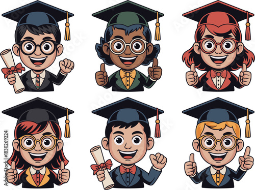 Six happy, diverse young graduates and college students celebrating major academic completion, holding diplomas, giving thumbs-up, representing educational success, future career opportunities, depict
