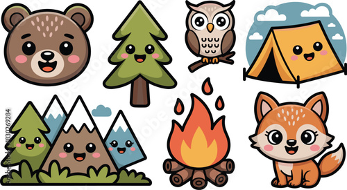 Cute kawaii camping adventure icon set featuring woodland animals like bear, fox, and owl, alongside nature elements such as pine trees, snowy mountains, tent, and burning campfire, perfect for childr