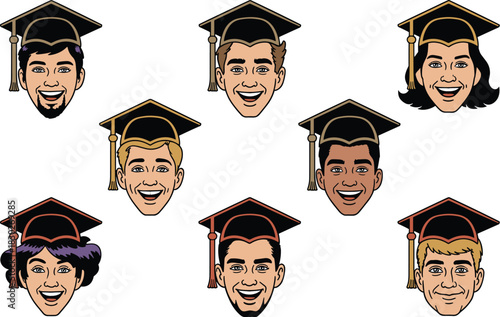Diverse group of happy young students and professionals celebrating college graduation, isolated vector comic portraits showing smiling faces wearing academic mortarboard caps, perfect for education m