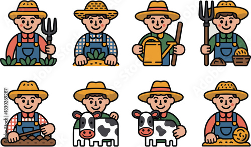 Wholesome vector illustration set of happy male farmers and gardeners caring for livestock and performing diverse agricultural labor, including planting, watering, and harvesting crops; ideal graphic