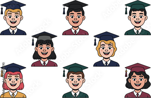 A set of happy and diverse university graduates, including men and women students, wearing colorful academic mortarboards and robes, celebrating commencement day and future career success. This flat c