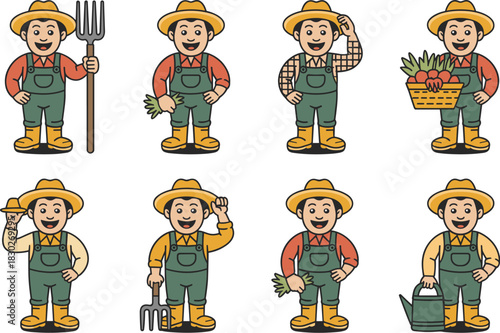 Collection of eight cheerful cartoon farmer characters and gardeners demonstrating agriculture, planting, and harvest work activities, holding tools, fresh produce, and pitchforks, showcasing food pro