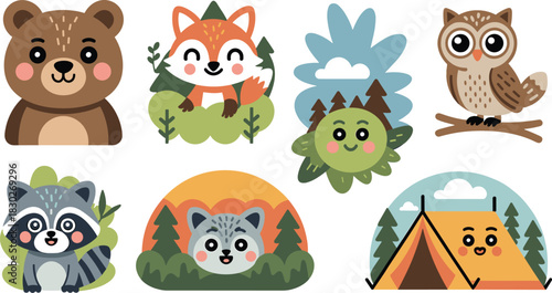 Collection of friendly cartoon forest animals and camping icons, including a cheerful bear, cunning fox, wise owl, mischievous raccoon, howling wolf, and tent, illustrating outdoor nature wildlife adv