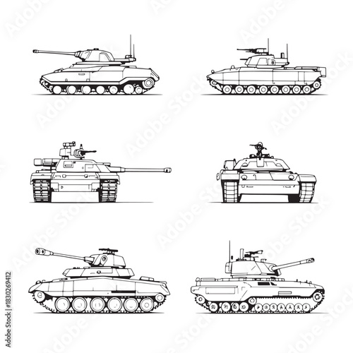 Tank line art depicting historical battle machines evolution