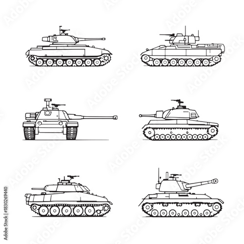 Tank line art featuring modern armored combat vehicle