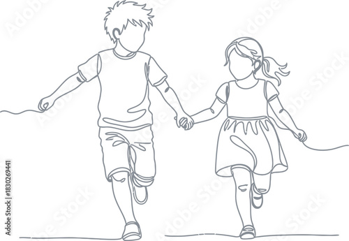 Continuous line art of a cheerful young boy and a girl running hand in hand, embodying childhood joy, freedom, and unity. Vector