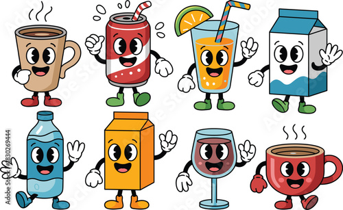 Vintage style illustration of eight smiling anthropomorphic drink mascots—coffee cup, water bottle, juice carton, milk container, soda pop can, and wine glass—waving hands, ideal for food service pres