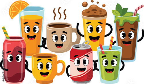 Cheerful assortment of cute cartoon beverage mascots: hot coffee, orange juice, frappe, colorful smoothies, and soda cans, celebrating refreshment and variety, ideal for cheerful advertising, menu des