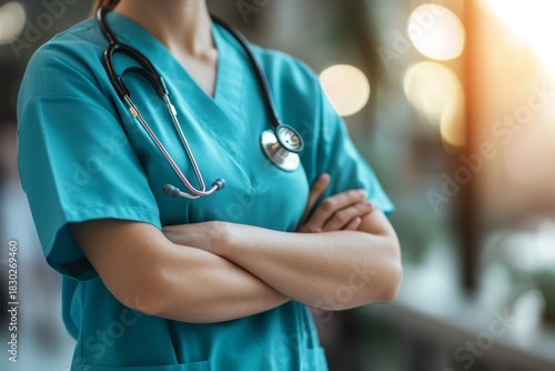Healthcare, doctor or arms crossed with stethoscope in clinic for wellness appointment, trust or surgery. Closeup, medical worker or cardiology with pride in hospital, consulting, Generative AI