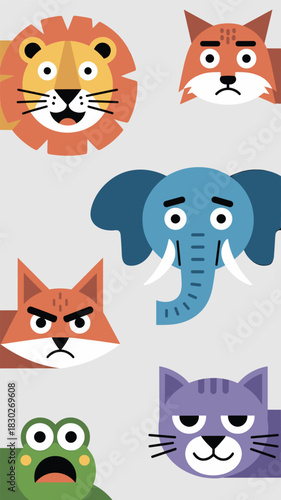 An expressive collection of anthropomorphic animal faces displaying diverse human emotions and feelings like joy, worry, anger, anxiety, and sadness, featuring a geometric lion, grumpy cat, anxious el