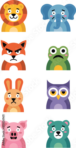 Collection of eight diverse animal avatar icons expressing a range of complex human emotions, including happy lion, angry fox, sad elephant, worried rabbit, bored owl, and upset bear, designed in a mo