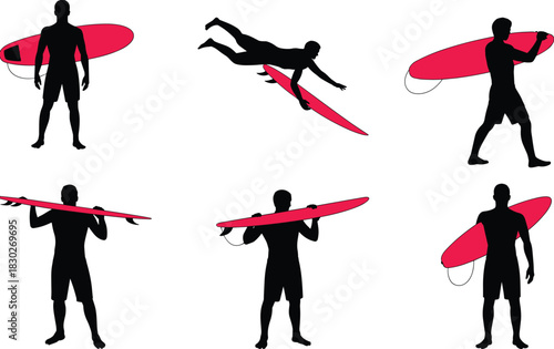 Surfer silhouette poses with surfboard, surfing athlete actions collection, beach sports vector set, ocean wave rider illustrations for active lifestyle design