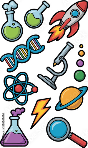A vibrant collection of colorful cartoon science icons including biology DNA helix, chemistry lab flasks with bubbling liquid, physics atom model, microscope, space rocket ship, planet, and magnifying