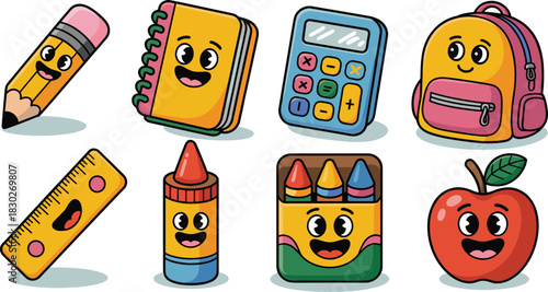 A cheerful and vibrant collection of cartoon kawaii school supplies characters, including a happy smiling backpack, pencil, ruler, notebook, red apple, blue calculator, and crayon set, essential for e