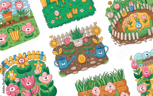 Cheerful kawaii gardening seamless pattern featuring anthropomorphic cartoon flowers, smiling tulips, cute watering cans, and happy vegetable characters growing in soil beds and grass patches, ideal f